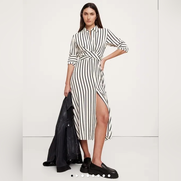 NWT Banana Republic Navy Blue Stripe Matte Silk Twist-Front Shirt Dress Size L